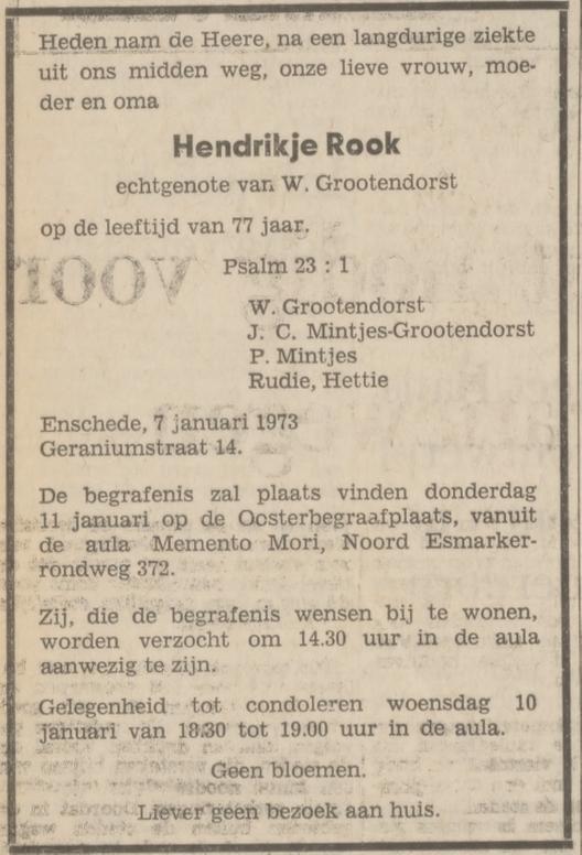Geraniumstraat 14 H. Grootendorst-Rook overlijdensadvertentie Tubantia 8-1-1973.jpg