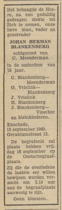 Geraniumstraat 12 J.H. Blankenberg overlijdensadvertentie Tubantia 14-9-1960.jpg