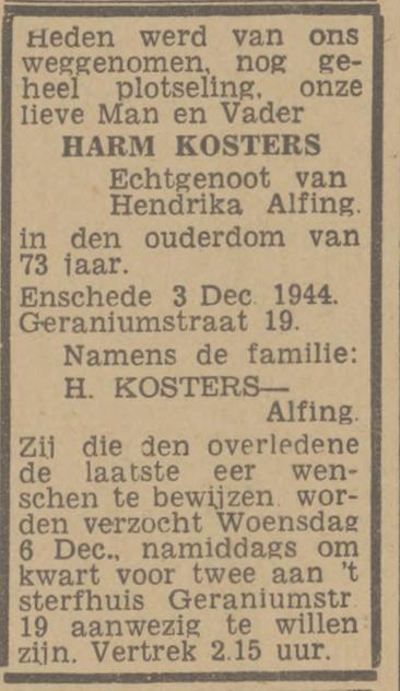 Geraniumstraat 19 Harm Kosters overlijdensadvertentie Twentsch nieuwsblad 4-12-1944.jpg