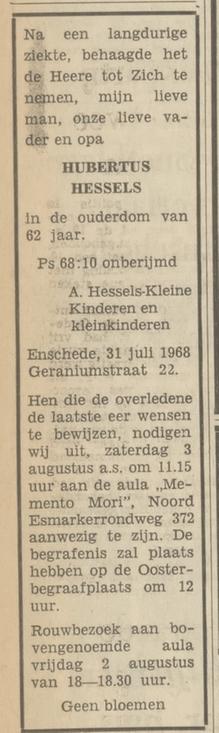 Geraniumstraat 22 Hubertus Hessels overlijdensadvertentie Tubantia 1-8-1968.jpg