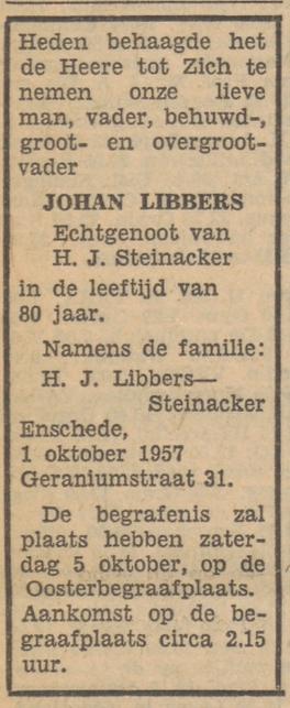 Geraniumstraat 31 Johan Libbers overlijdensadvertentie Tubantia 3-10-1957.jpg
