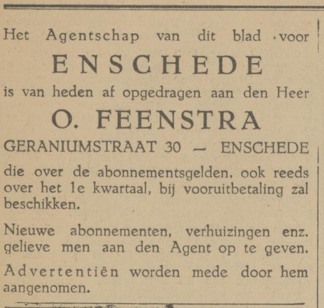 Geraniumstraat 30 O. Feenstra advertentie Provinciale Overijsselsche courant 2-1-1933.jpg
