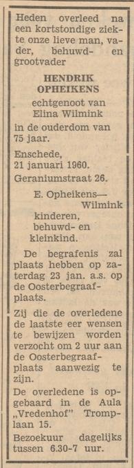 Geraniumstraat 26 Hendrik Opheikens overlijdensadvertentie Tubantia 22-1-1960.jpg