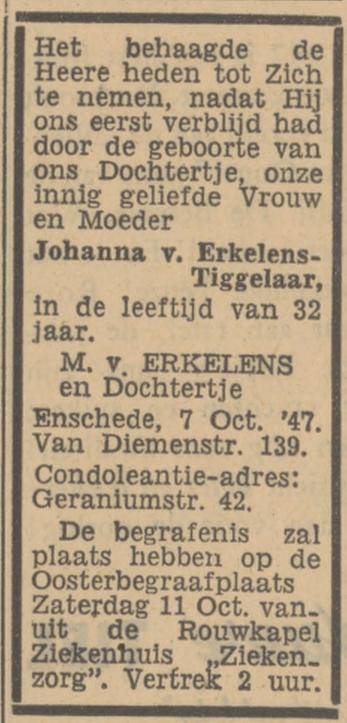 Gernaniumstraat 42 Johanna Tiggelaar overlijdensadvertentie Tubantia 8-10-1947.jpg