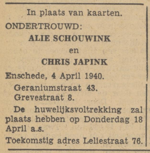 Gernaniumstraar 43 Alie Schouwink advertentie Tubantia 4-4-1940.jpg