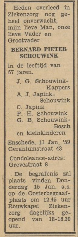 Geraniumstraat 43 B.P.Schouwink overlijdensadvertentie Tubantia 13-1-1959.jpg