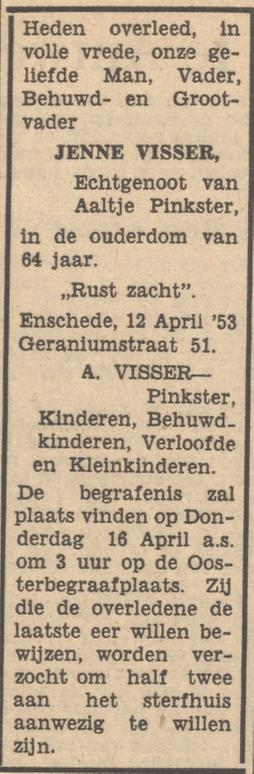 Geraniumstraat 51 Jenne Visser overlijdensadvertentie Tubantia 14-4-1953.jpg