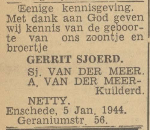 Geraniumstraat 56 S. van der Meer advertentie Twentsch nieuwsblad 6-1-1944.jpg