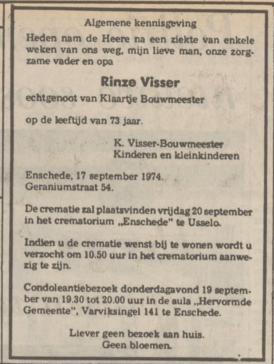Geraniumstraat 54 Rinze Visser overlijdensadvertentie Tubantia 18-9-1974.jpg