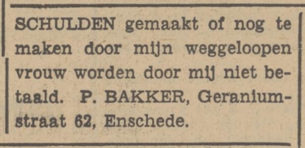 Geraniumstraat 62 P Bakker advertentie Tubantia 4-3-1942.jpg