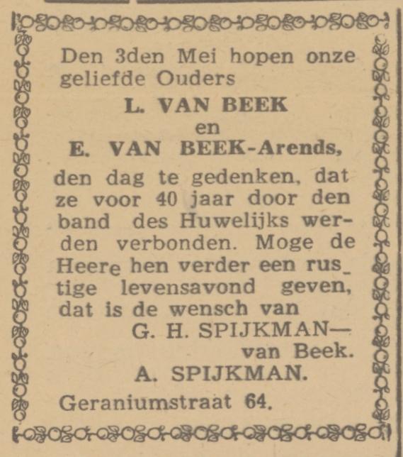 Geraniumstraat 64 L. van Beek advertentie Trouw 26-4-1945.jpg