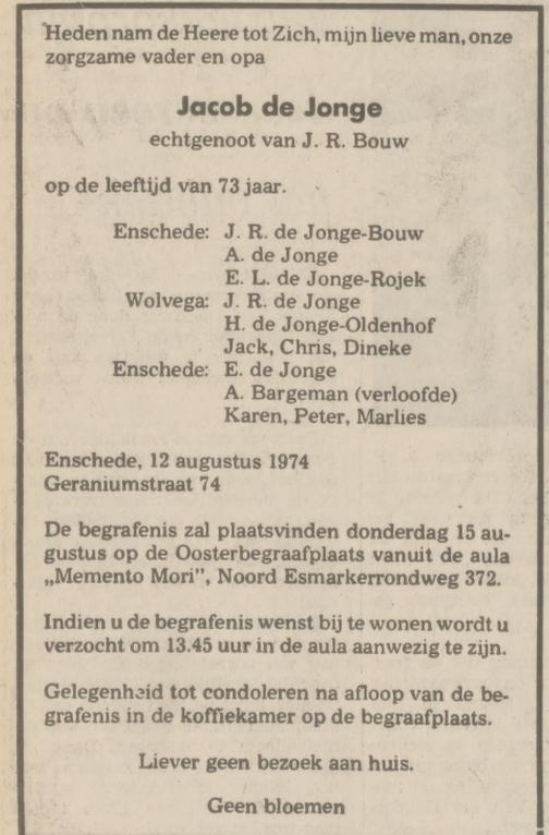 Geraniumstraat 74 Jacob de Jonge overlijdensadvertentie Tubantia 13-8-1974.jpg
