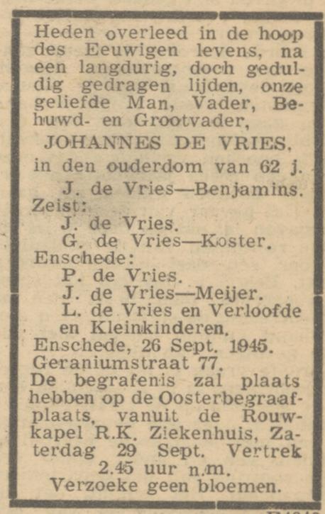 Geraniumstraat 77 Johannes de Vries overlijdensadvertentie Trouw 28-9-1945.jpg