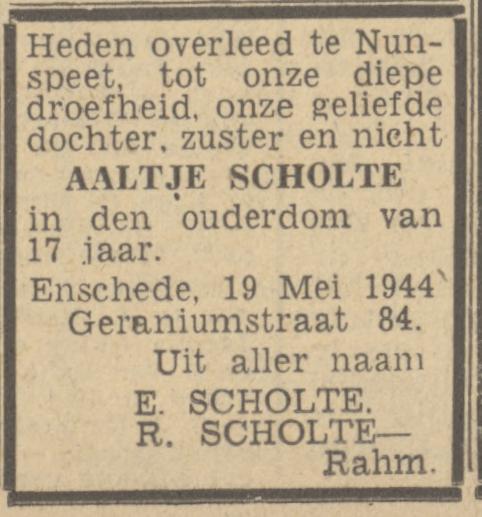 Geraniumstraat 84 Aaltje Scholte overlijdensadvertentie Twentsch nieuwsblad 23-5-1944.jpg