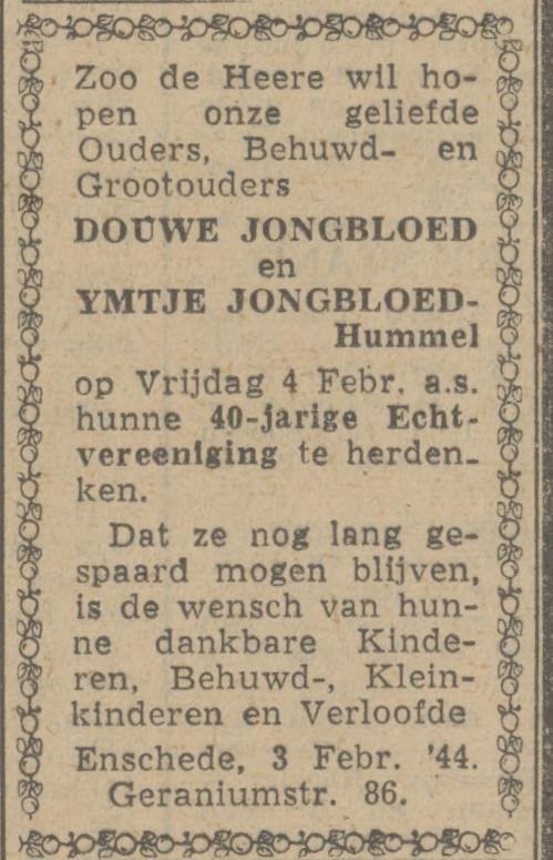 Geraniumstraat 86 Douwe Jongbloed advertentie Twentsch nieuwsblad 3-2-1944.jpg