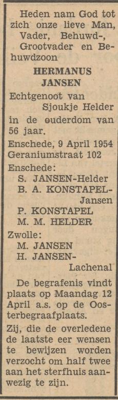 Geraniumstraat 102 Hermannus Jansen overlijdensadvertentie Tubantia 9-4-1954.jpg