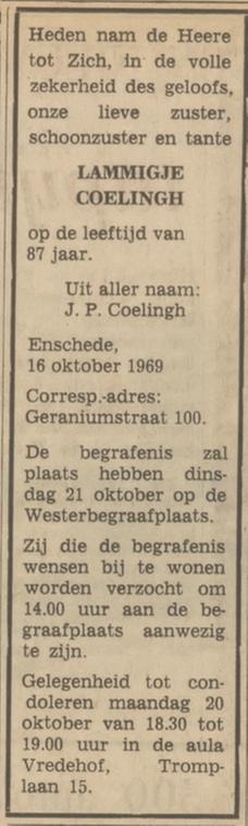 Geraniumstraat 100 L. Coelingh overlijdensadvertentie Tubantia 17-10-1969.jpg