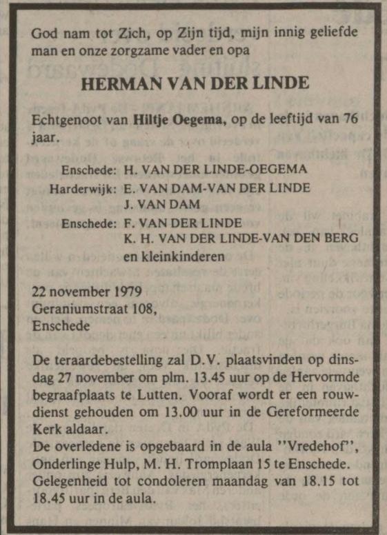 Geraniumstraat 108 Herman van der Linde overlijdensadvertentie Gereformeerd gezinsblad 24-11-1978.jpg