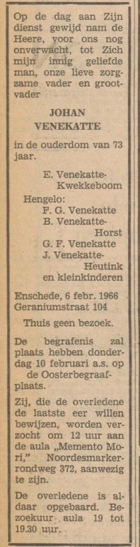 Geraniumstraat 104 Johan Venekatte overlijdensadvertentie Tubantia 8-2-1966.jpg