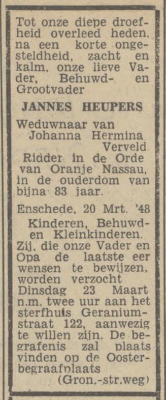 Geraniumstraat 122 Jannes Heupers overlijdensadvertentie Tubantia 22-3-1948.jpg