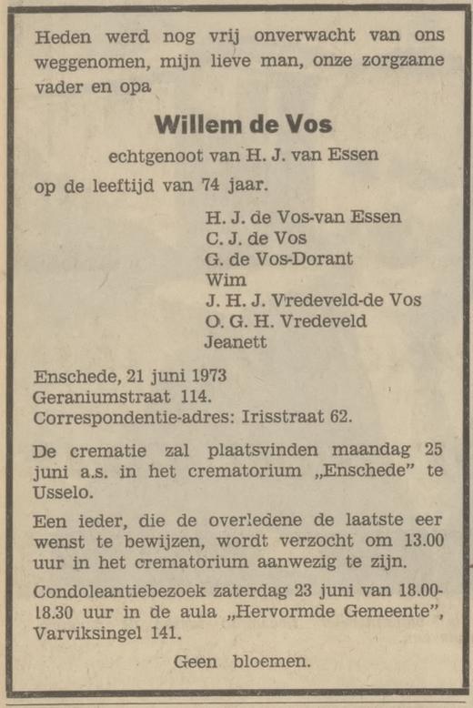 Geraniumstraat 114 Willem de Vos overlijdensadvertentie 12-6-1973.jpg