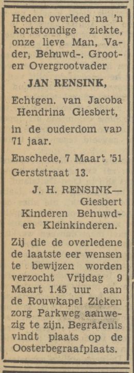 Gerststraat 13 Jan Rensink overlijdensadvertentie Tubantia 7-3-1951.jpg