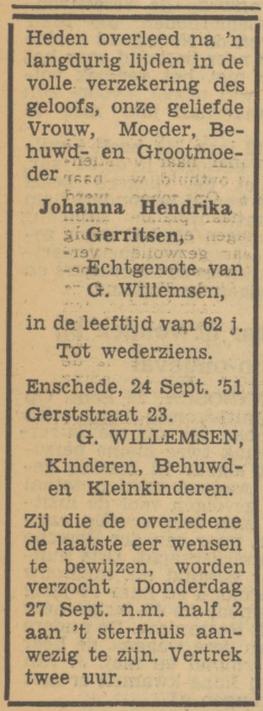 Gerststraat 23 J.H. Willemsen-Gerritsen overlijdensadvertentie Tubantia 24-9-1951.jpg