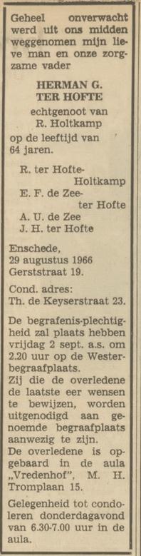Gerststraat 19 H.G. ter Hofte overlijdensadvertentie Tubantia 31-8-1966.jpg