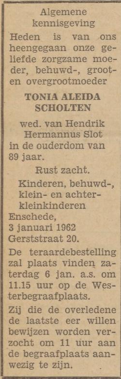 Gerststraat 20 Wed. T.A. Slot-Scholten overlijdensadvertentie Tubantia 4-1-1962.jpg