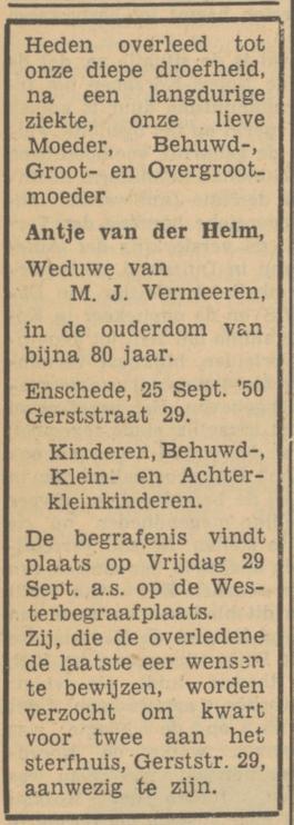 Gerststraat 29 Wed. A. Vermeeren-van der Helm overlijdensadvertentie Tubantia 27-9-1950.jpg