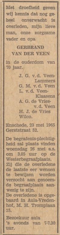 Gerststraat 52 Gerbrand van der Veen overlijdensadvertentie 24-5-1965.jpg