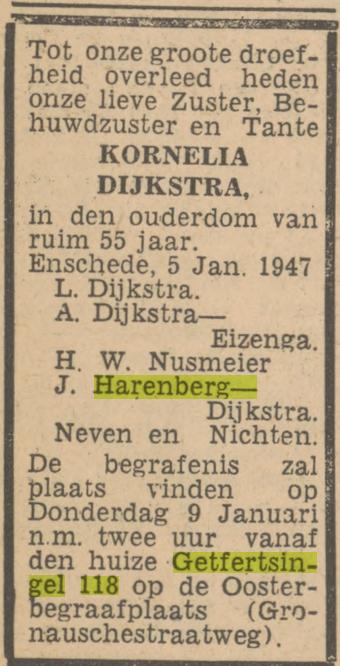 Getfertsingel 116 Kornelia Dijkstra overlijdensadvertentie Tubantia 6-1-1947.jpg