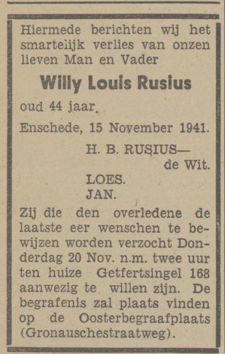 Getfertsingel 168 W.L. Rusius overlijdensadvertentie Tubantia 17-11-1941.jpg