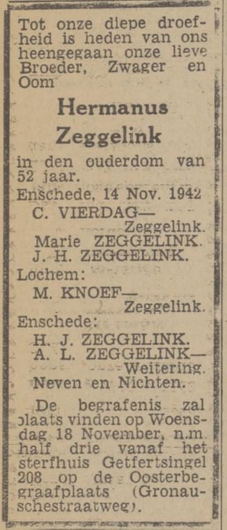 Getfertsingel 208 H. Zeggelink overlijdensadvertentie Twentsch nieuwsblad 16-11-1942.jpg