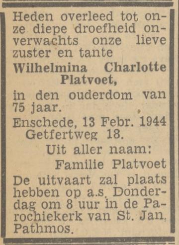 Getfertstraat 18 W.C. Platvoet overlijdensadvertentie Tubantia 14-2-1944.jpg
