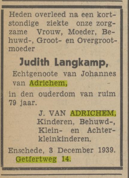 Getfertweg 14 J. van Adrichem-Langkamp overlijdensadvertentie Tubantia 4-12-1939.jpg