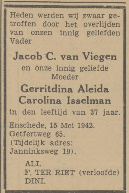 Gefertweg 65 Jacob C. van Viegen overlijdensadvertentie Tubantia 16-5-1942.jpg