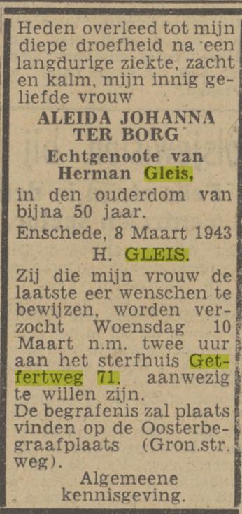 Getfertweg 71 A.J. Slot-ter Borg overlijdensadvertentie Twentsch nieuwsblad 9-3-1943.jpg