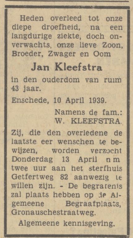 Getfertweg 82 Jan Kleefstra overlijdensadvertentie Tubantia 11-4-1939.jpg