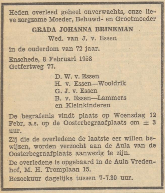 Getfertweg 77 Wed. G.J. van Essen-Brinkman overlijdensadvertentie Tubantia 8-2-1955.jpg