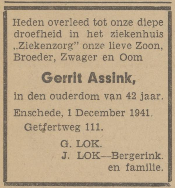 Getfertweg 111 Gerrit Assink overlijdensadvertentie Tubantia 2-12-1941.jpg