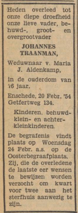 Getfertweg 134 Johannes Traanman overlijdensadvertentie Tubantia 22-2-1954.jpg