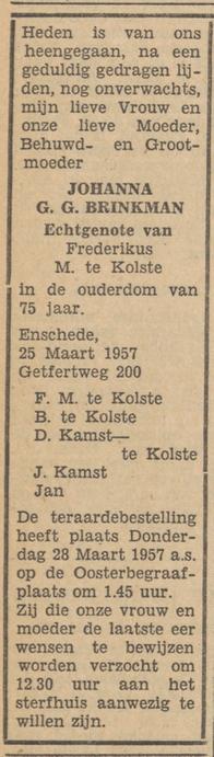 Getfertweg 200 J.G.G. te Kolste-Brinkman overlijdensadvertentie Tubantia 26-3-1957.jpg