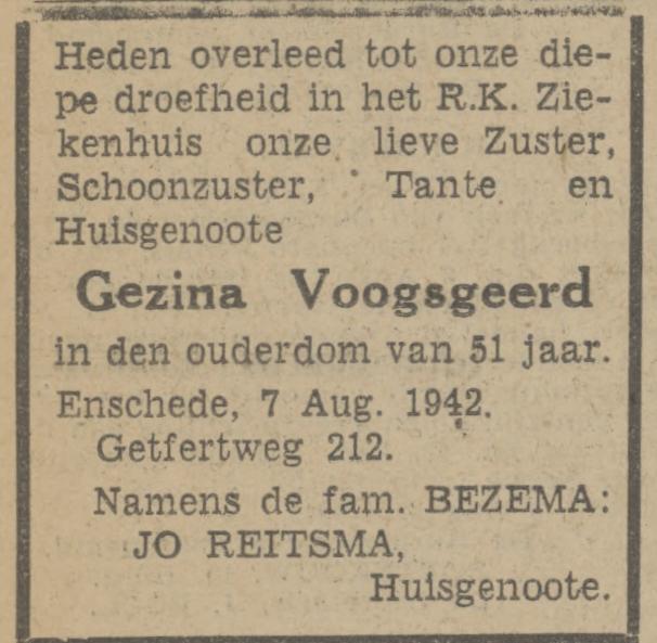 Getfertweg 212 Gezina Voogsgeerd overlijdensadvertentie Tubantia 8-8-1942.jpg