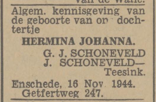 Getfertweg 247 J. Schoneveld-Teesink advertentie Twentsch nieuwsblad16-11-1944.jpg