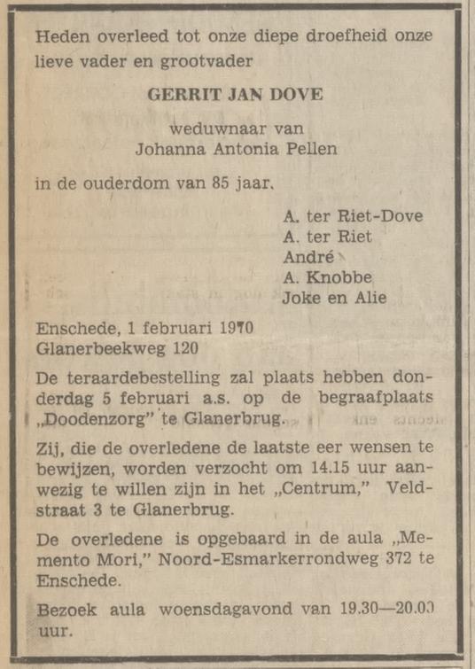 Glanerbeekweg 120 G.J. Dove overlijdensadvertentie Tubantia 2-2-1970.jpg