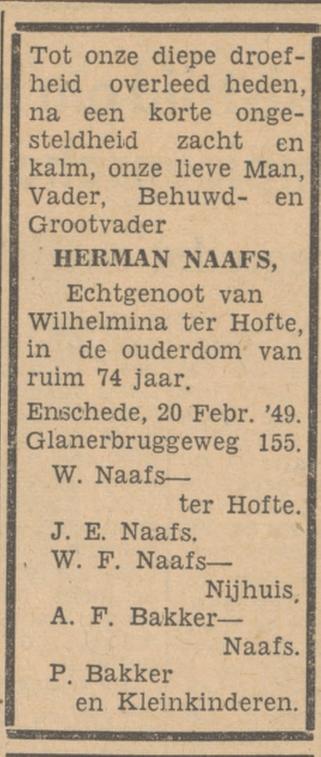 Glanerbruggeweg 155 Herman Naafs overlijdensadvertentie Tubantia 21-2-1949.jpg