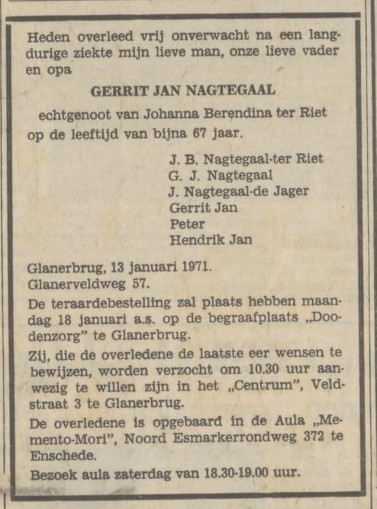 Glanerveldweg 57 G.J. Nagtegaal overlijdensadvertentie Tubantia 14-1-1971.jpg
