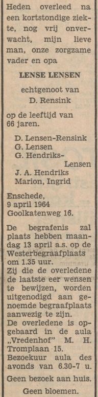 Goolkatenweg 16 Lense Lensen overlijdensadvertentie Tubantia 11-4-1964.jpg