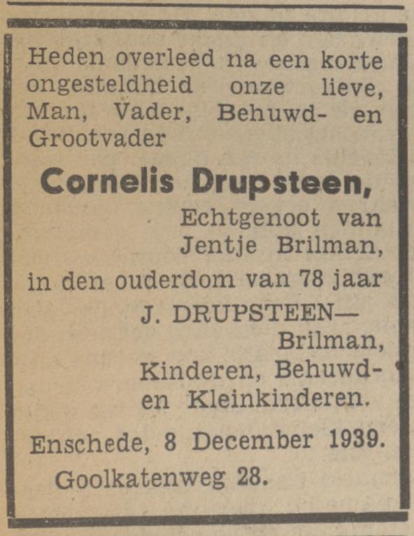 Goolkatenweg 28 Cornelis Drupsteen overlijdensadvertentie Tubantia 8-12-1939.jpg